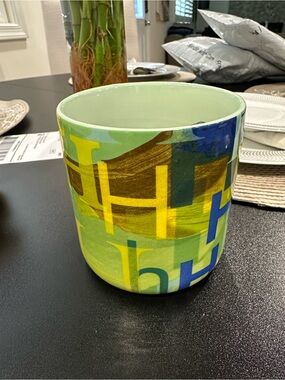 Anthropologie Green Yellow Blue Graphic Ceramic Mug